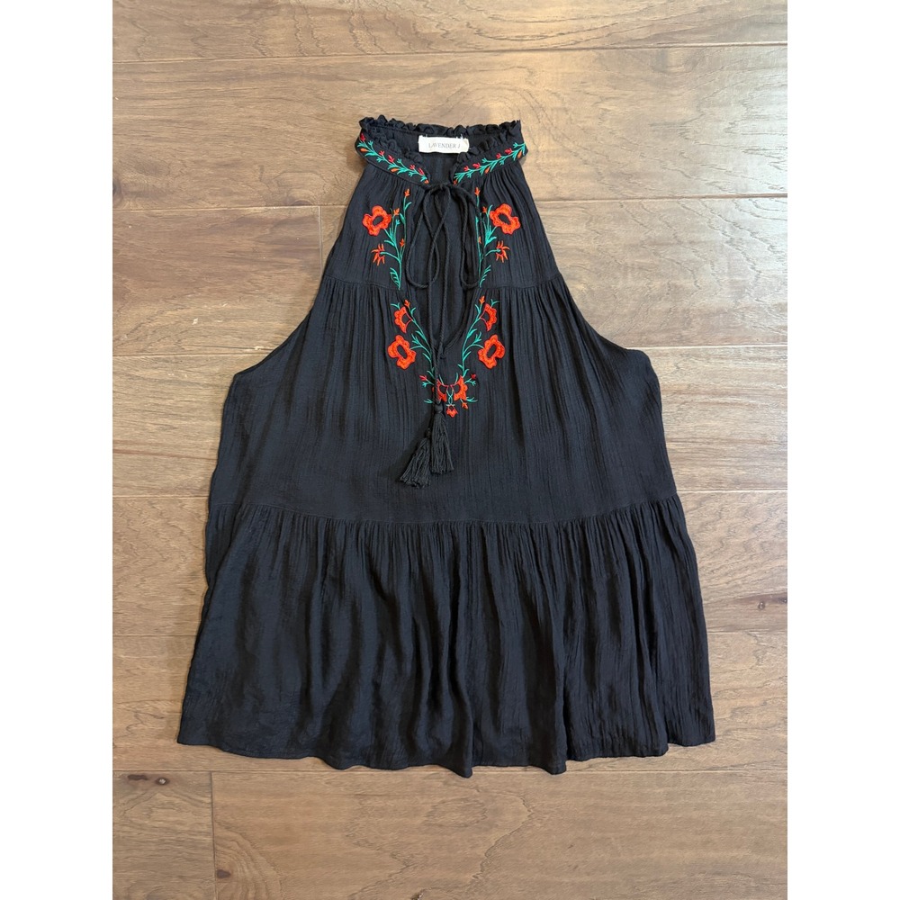 Lavender J Black Floral Embroidered Halter Top Tassel Tie‎ Neck Boho Tank Medium